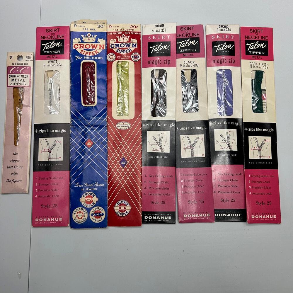 Vintage 9" Skirt‎ and Neckline Metal Zippers Lot of 8 NOSIP